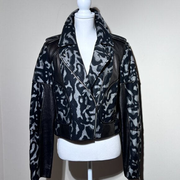 DIANE VON FURSTENBERG "THEODORA" WOOL LEATHER Grey Black MOTO JACKET Sz Med 10 - Picture 2 of 12